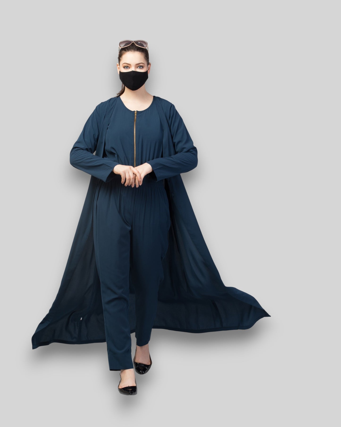 Jumpsuit Abaya – Teal Kashibo Set with Front-Open Coat & Hijab