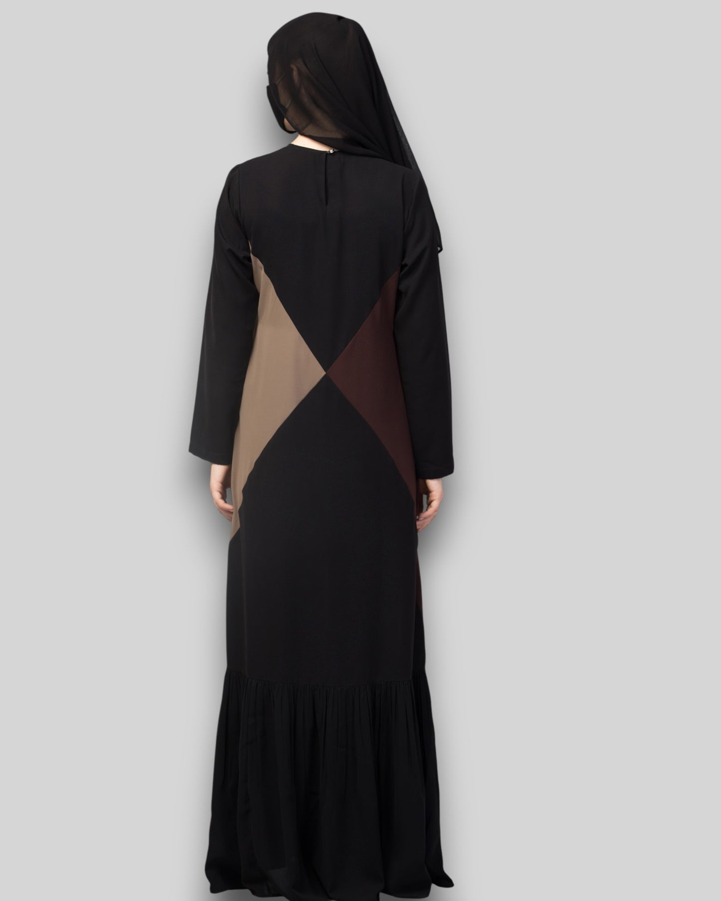 Multicolor Abaya – Three-Tone Black & Brown with Frill Hem
