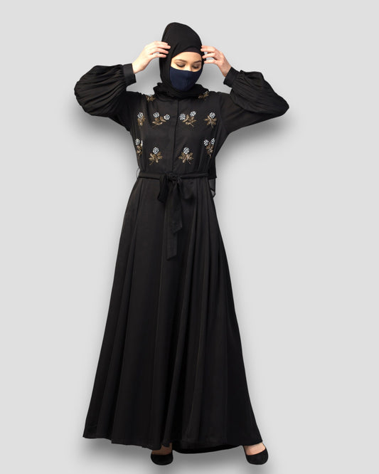 Premium Abayas Online - Black Embroidered with Pleated Sleeves & Belt