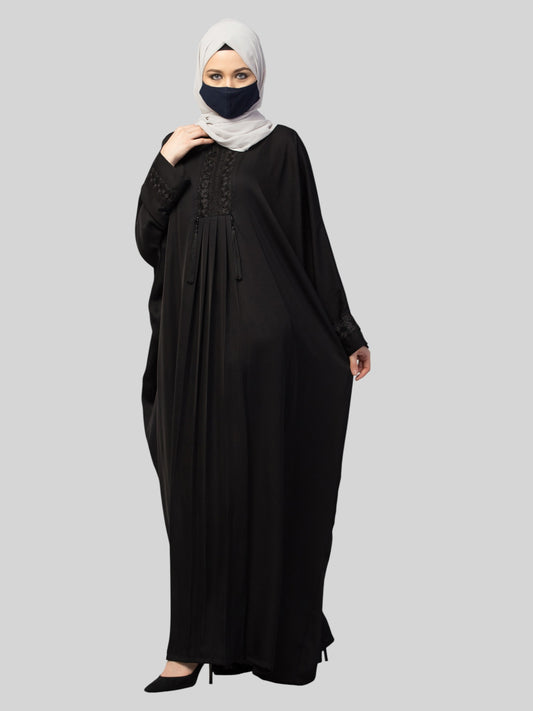 Designer Kaftan Abaya With Lacework & Tussels in Imported Nida Fabric.