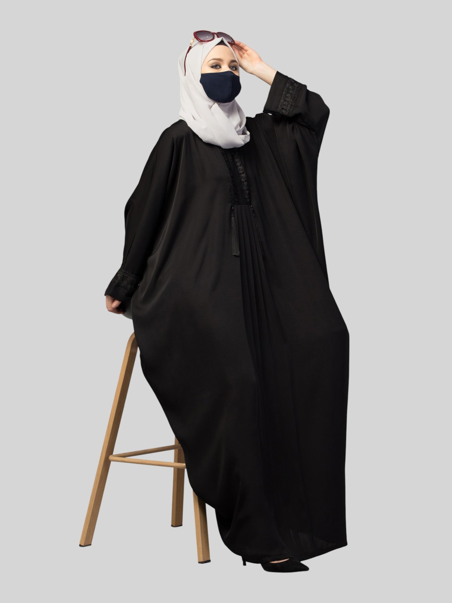 Designer Kaftan Abaya With Lacework & Tussels in Imported Nida Fabric.