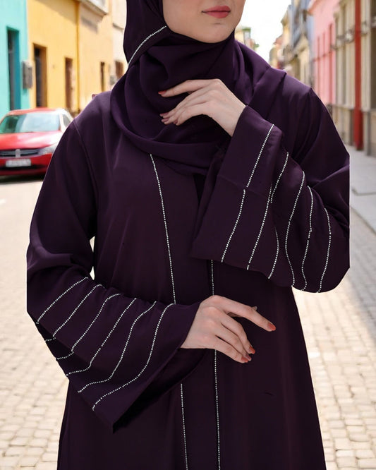Front Open Praada Abaya with Stone Work & Black Stole Hijab