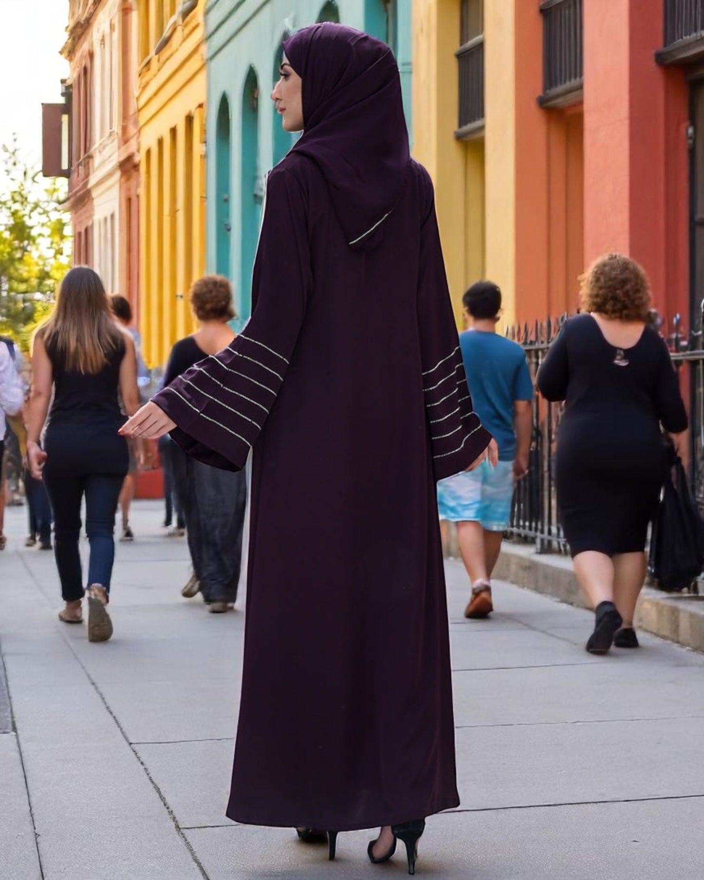 Front Open Praada Abaya with Stone Work & Black Stole Hijab