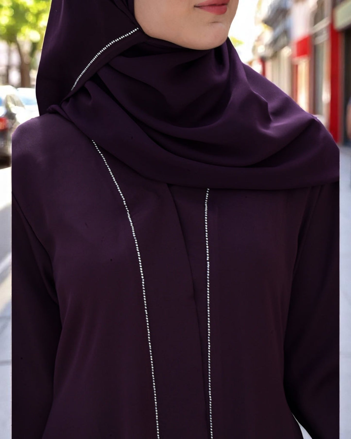 Front Open Praada Abaya with Stone Work & Black Stole Hijab
