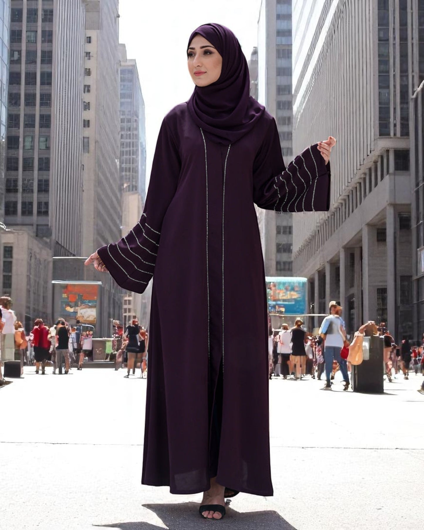 Front Open Praada Abaya with Stone Work & Black Stole Hijab