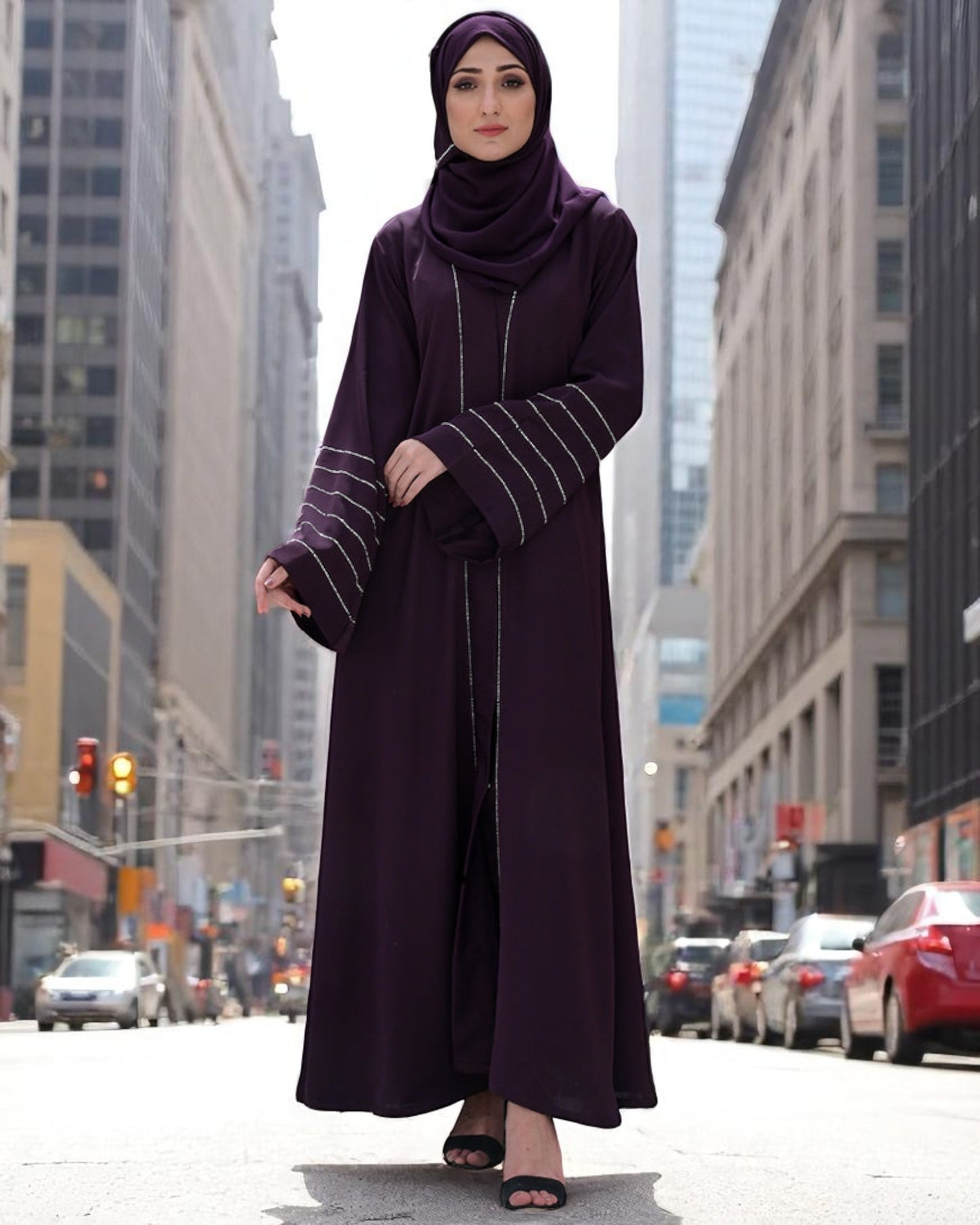 Front Open Praada Abaya with Stone Work & Black Stole Hijab