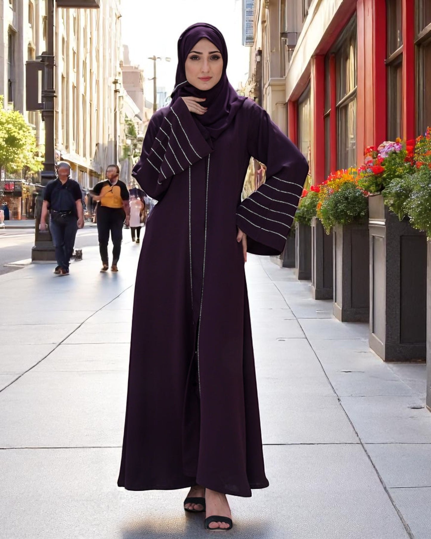 Front Open Praada Abaya with Stone Work & Black Stole Hijab