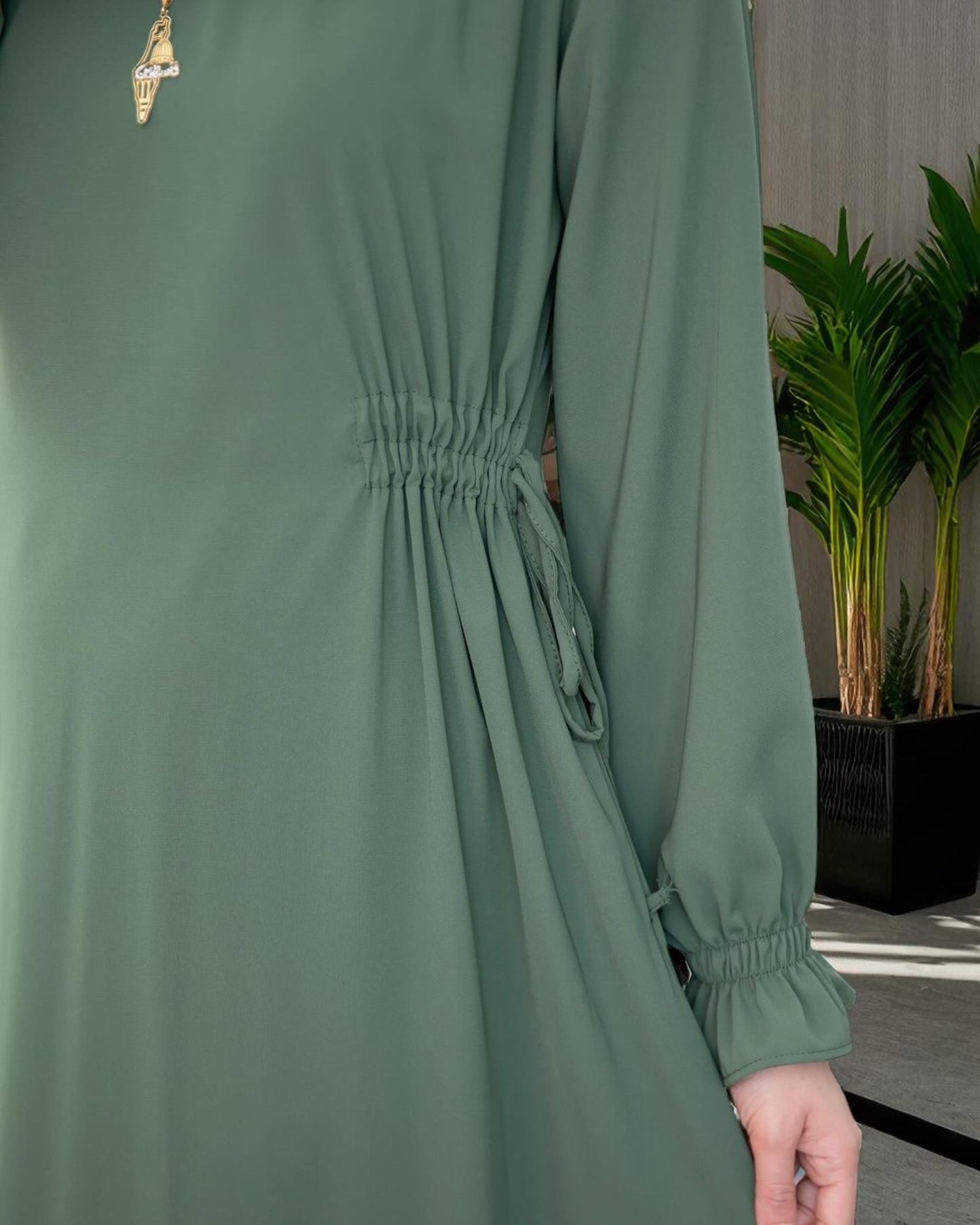 Simple & Elegant Firdaus Fabric Abaya with Side Belt Design & Complimentary Hijab
