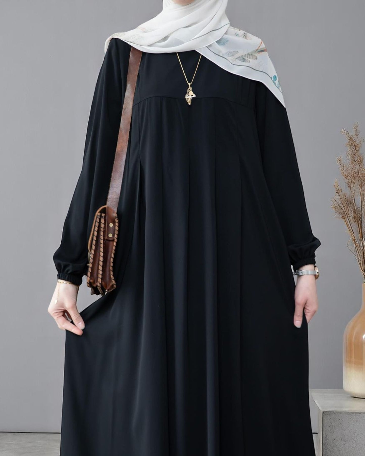 Simple & Elegant Firdaus Fabric Abaya with Pleats, Elasticated Cuffs, and Complimentary Hijab