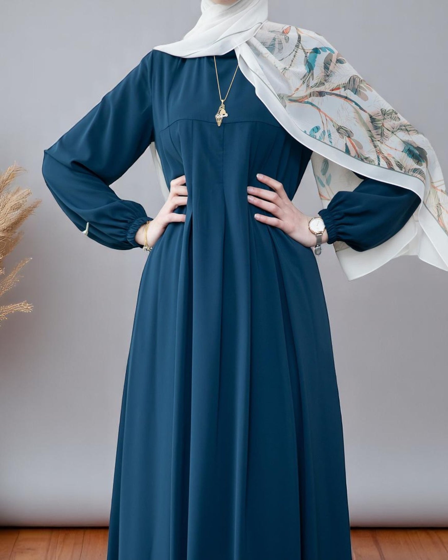 Simple & Elegant Firdaus Fabric Abaya with Pleats, Elasticated Cuffs, and Complimentary Hijab