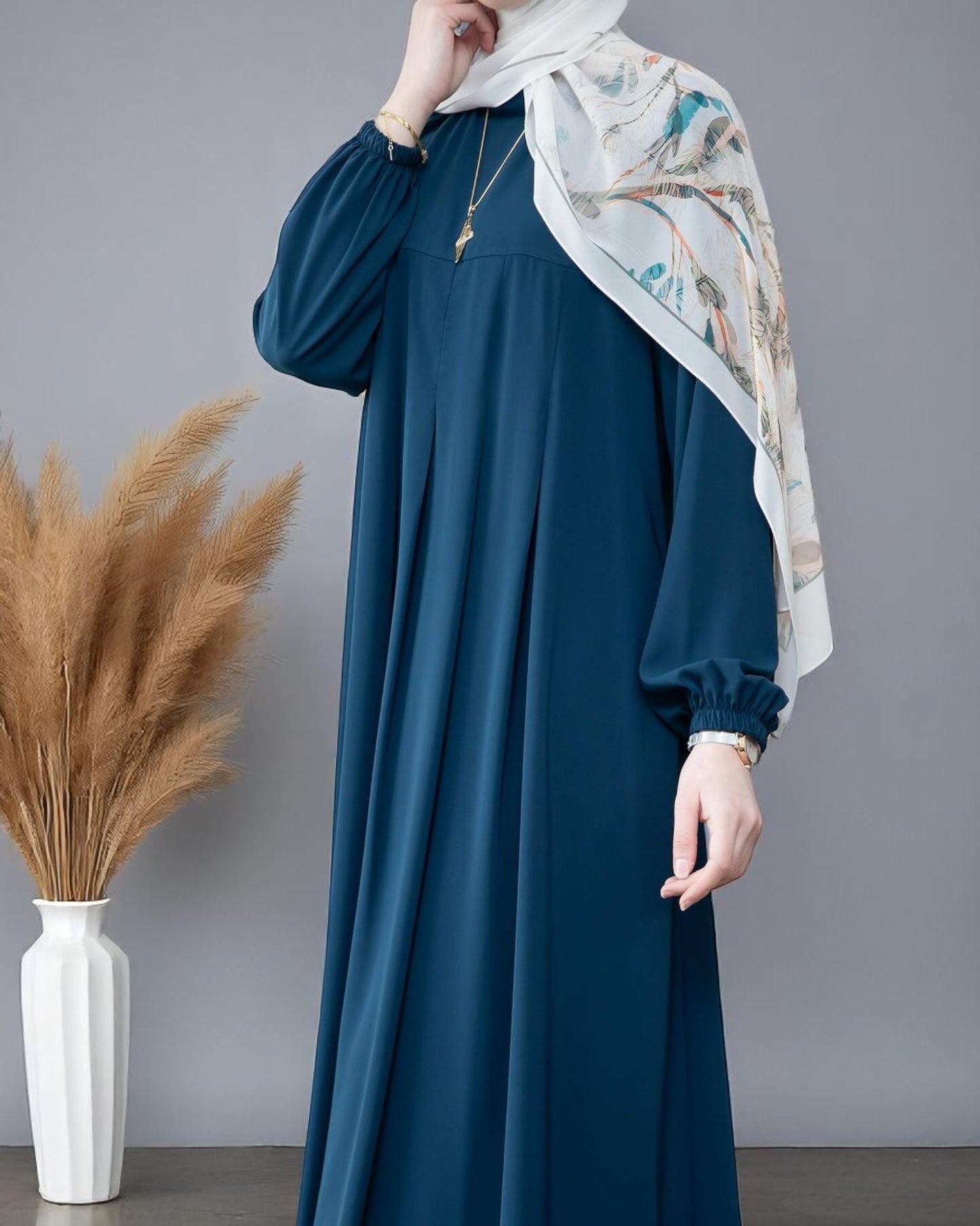 Simple & Elegant Firdaus Fabric Abaya with Pleats, Elasticated Cuffs, and Complimentary Hijab