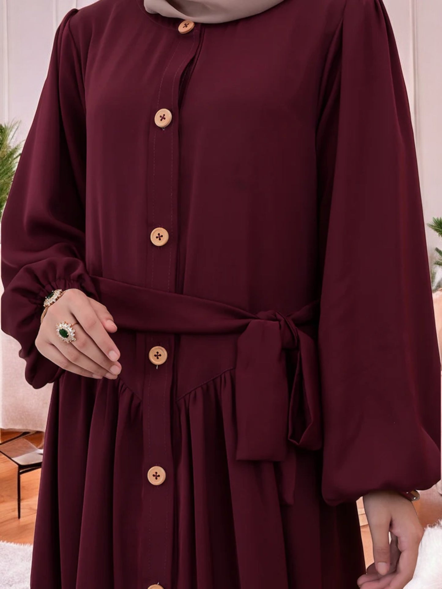 Multi-Tiered Abaya with Wooden Buttons and Elasticated Sleeves