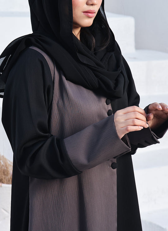 Designer Dual Color Abaya with Long Cuffs, Fabric Buttons & Hijab