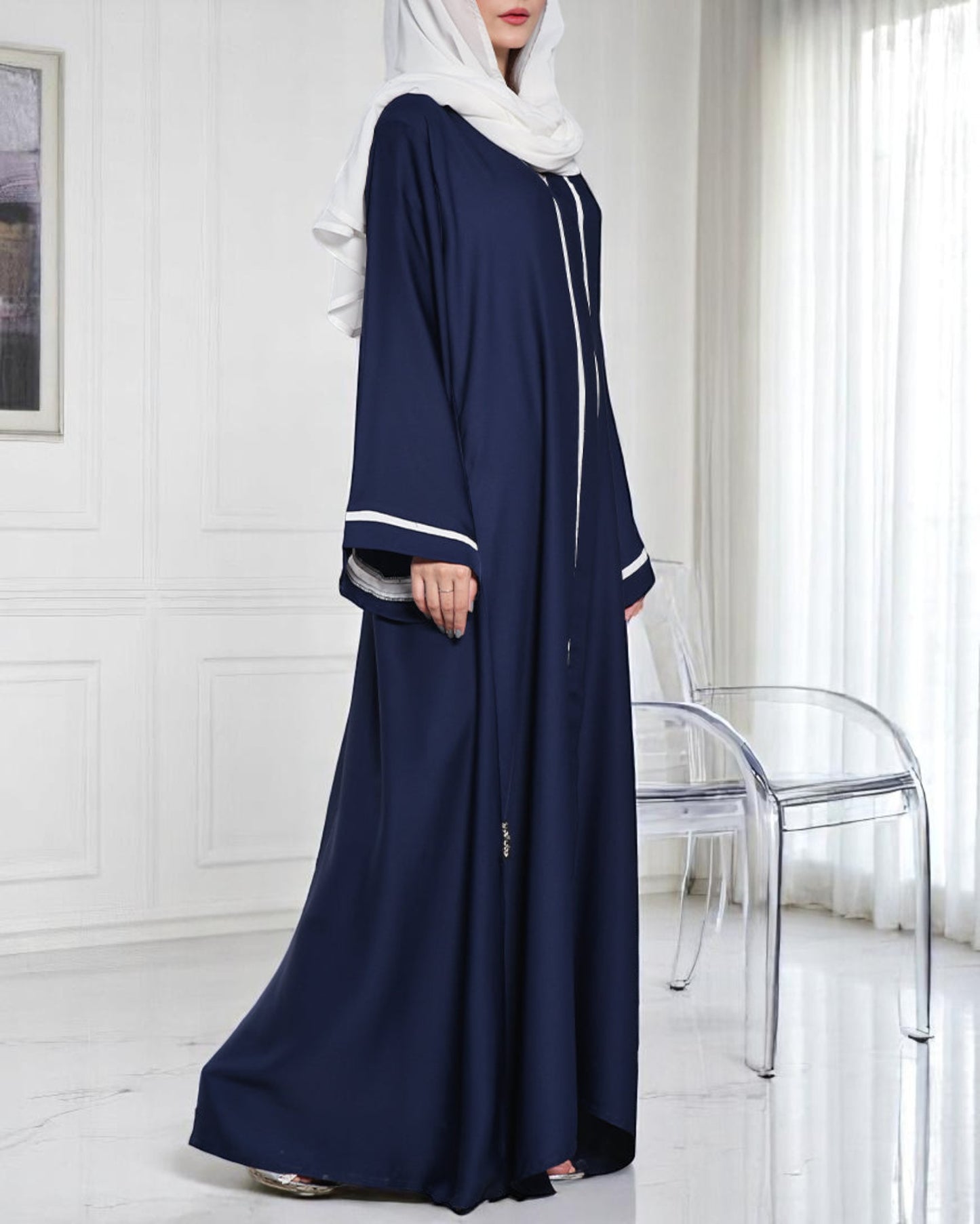 Front Open Abaya in Premium Fabric with Contrast Panels, Pockets, and White Hijab