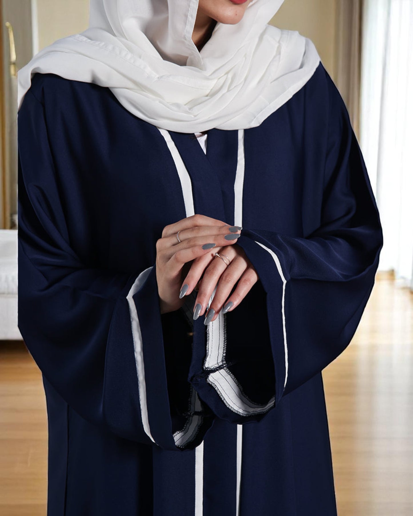 Front Open Abaya in Premium Fabric with Contrast Panels, Pockets, and White Hijab