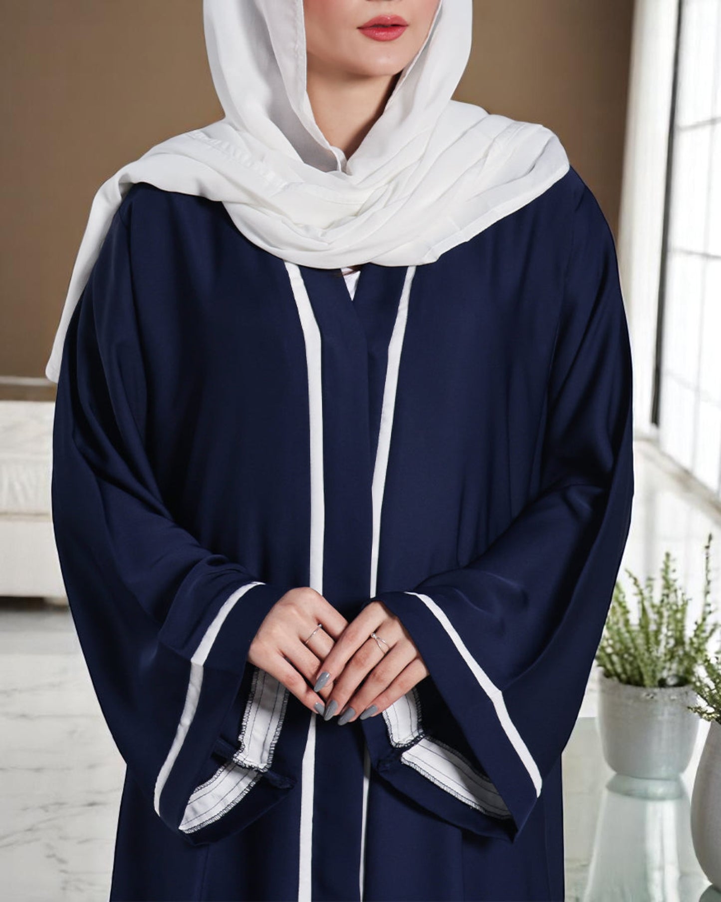 Front Open Abaya in Premium Fabric with Contrast Panels, Pockets, and White Hijab