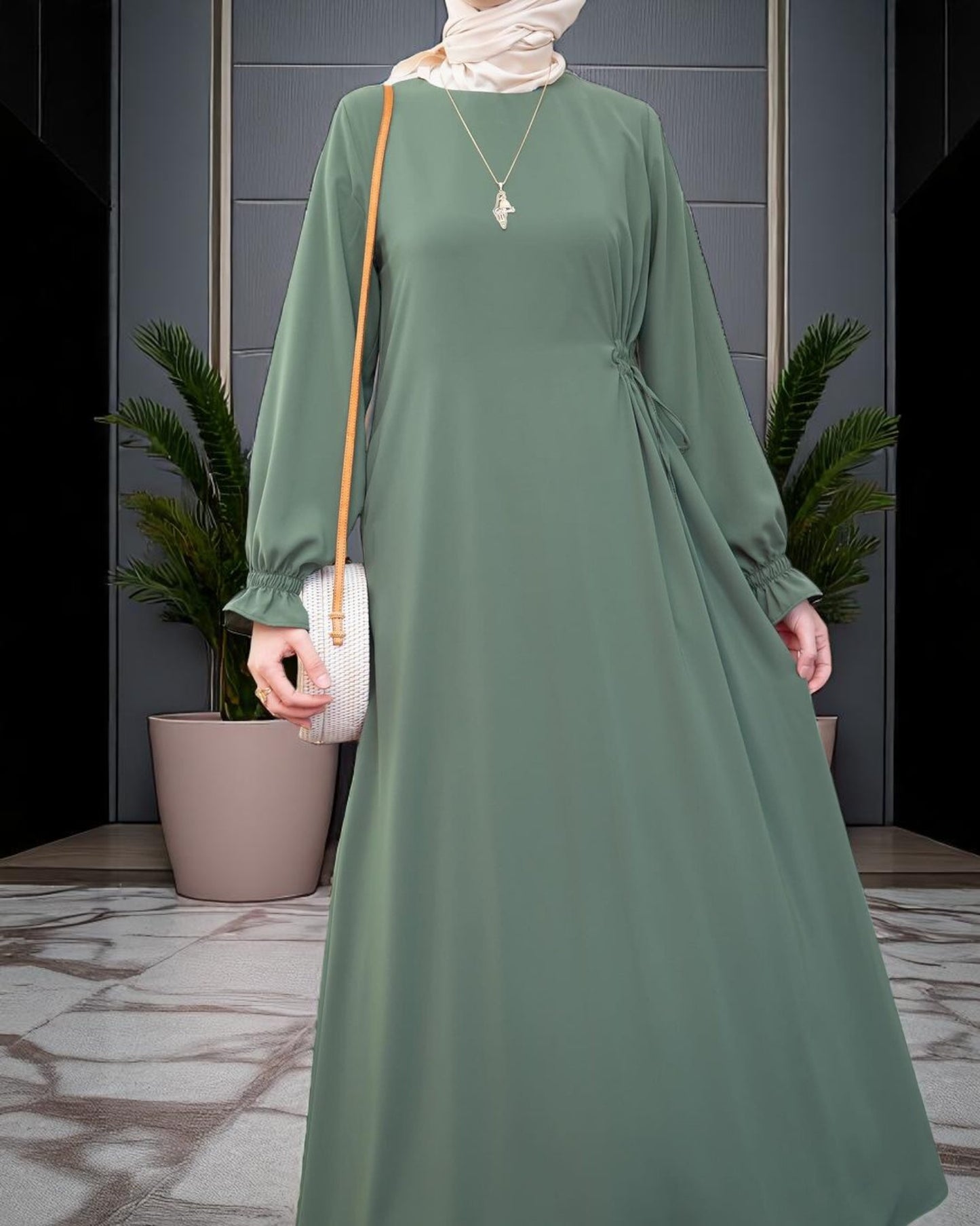 Simple & Elegant Firdaus Fabric Abaya with Side Belt Design & Complimentary Hijab