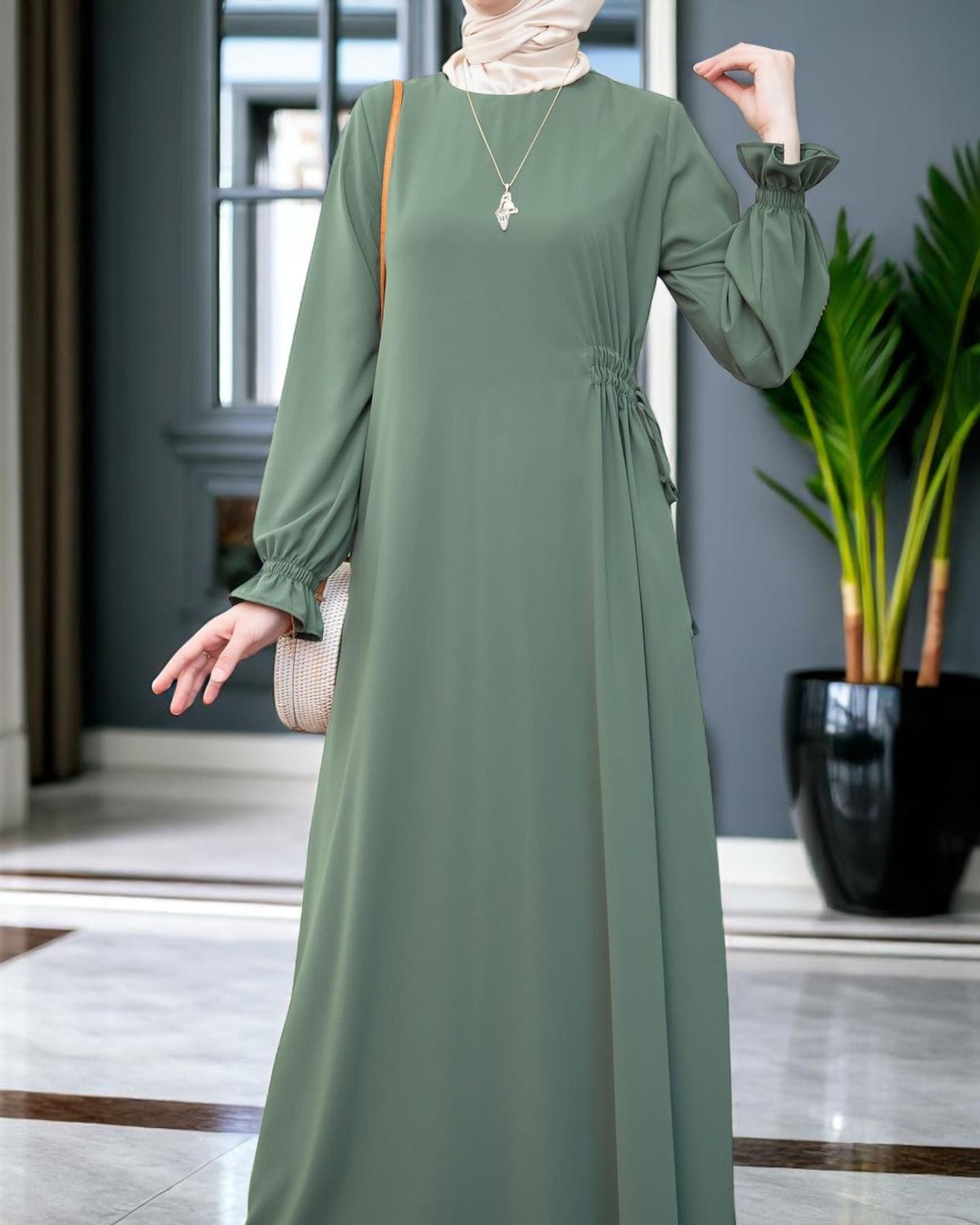 Simple & Elegant Firdaus Fabric Abaya with Side Belt Design & Complimentary Hijab