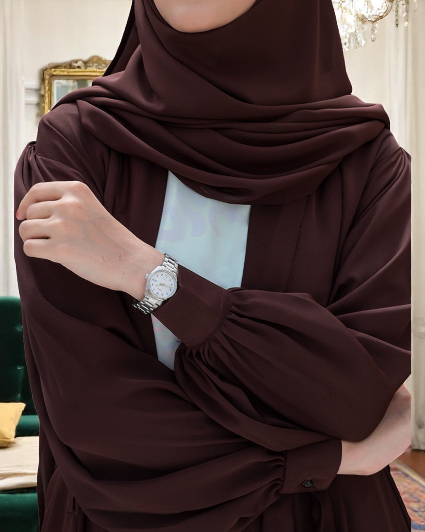 Three-Piece Abaya Set with Praada Shrug & Nida Satin Inner Abaya