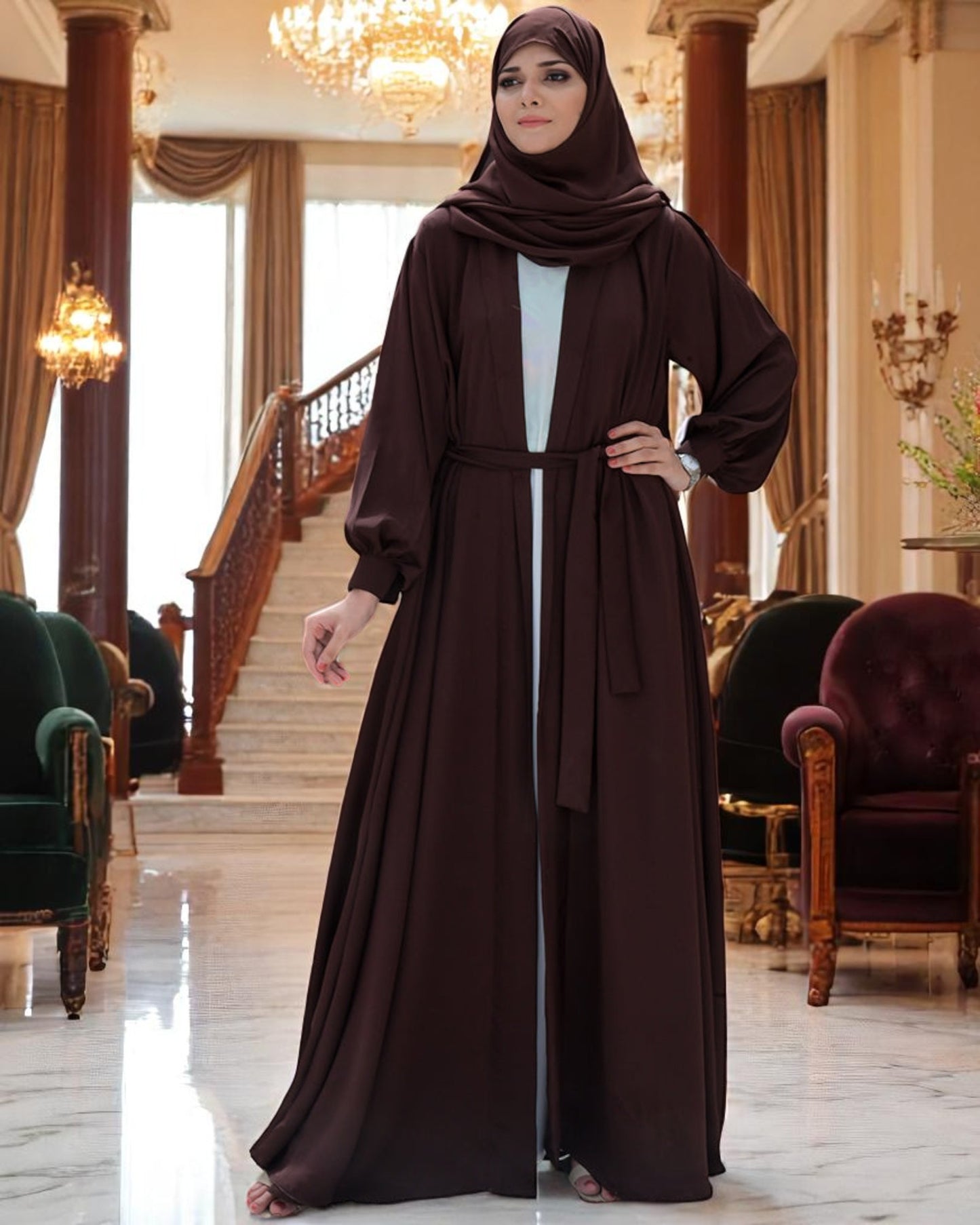 Three-Piece Abaya Set with Praada Shrug & Nida Satin Inner Abaya