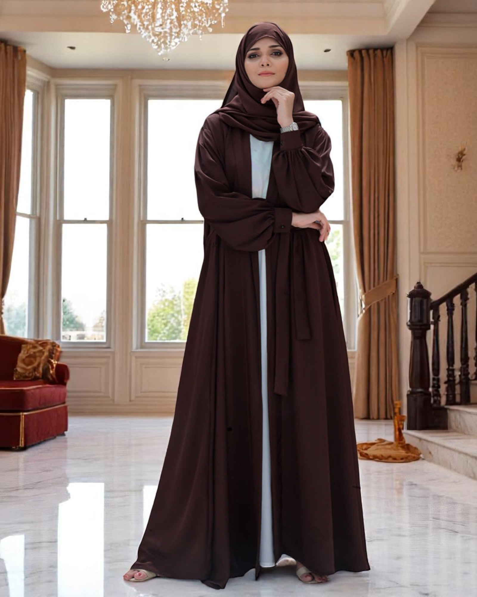 Three-Piece Abaya Set with Praada Shrug Nida Satin Inner Abaya