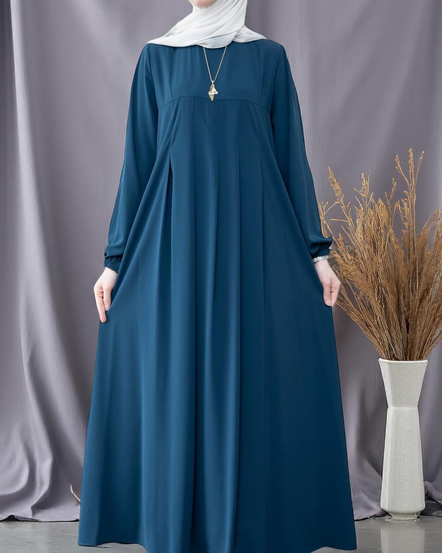 Simple & Elegant Firdaus Fabric Abaya with Pleats, Elasticated Cuffs, and Complimentary Hijab