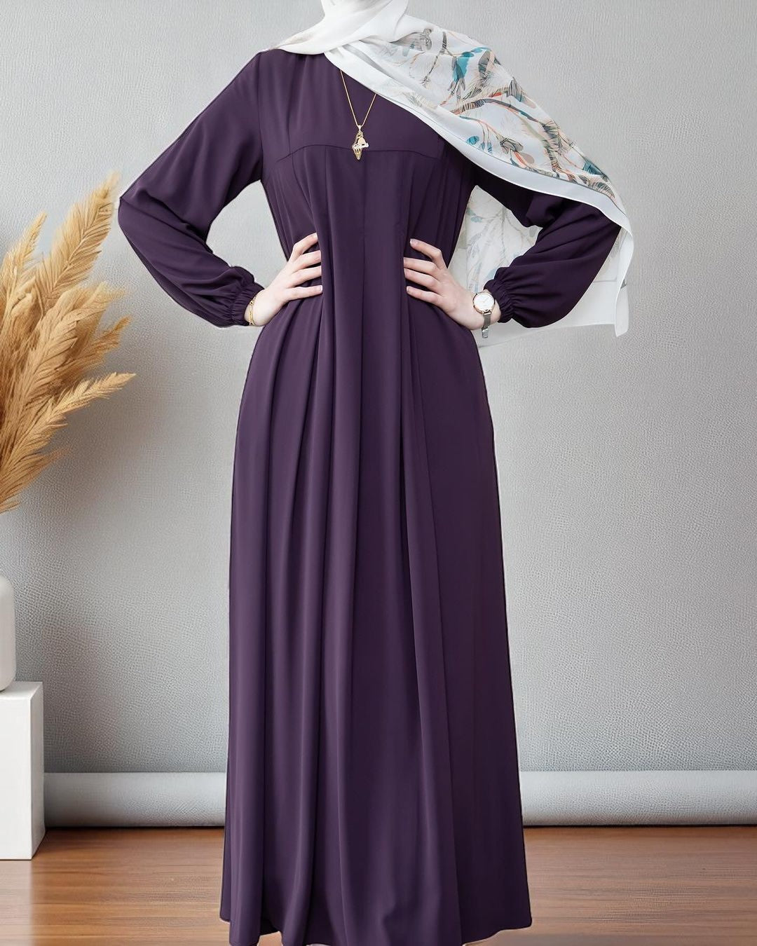 Simple & Elegant Firdaus Fabric Abaya with Pleats, Elasticated Cuffs, and Complimentary Hijab