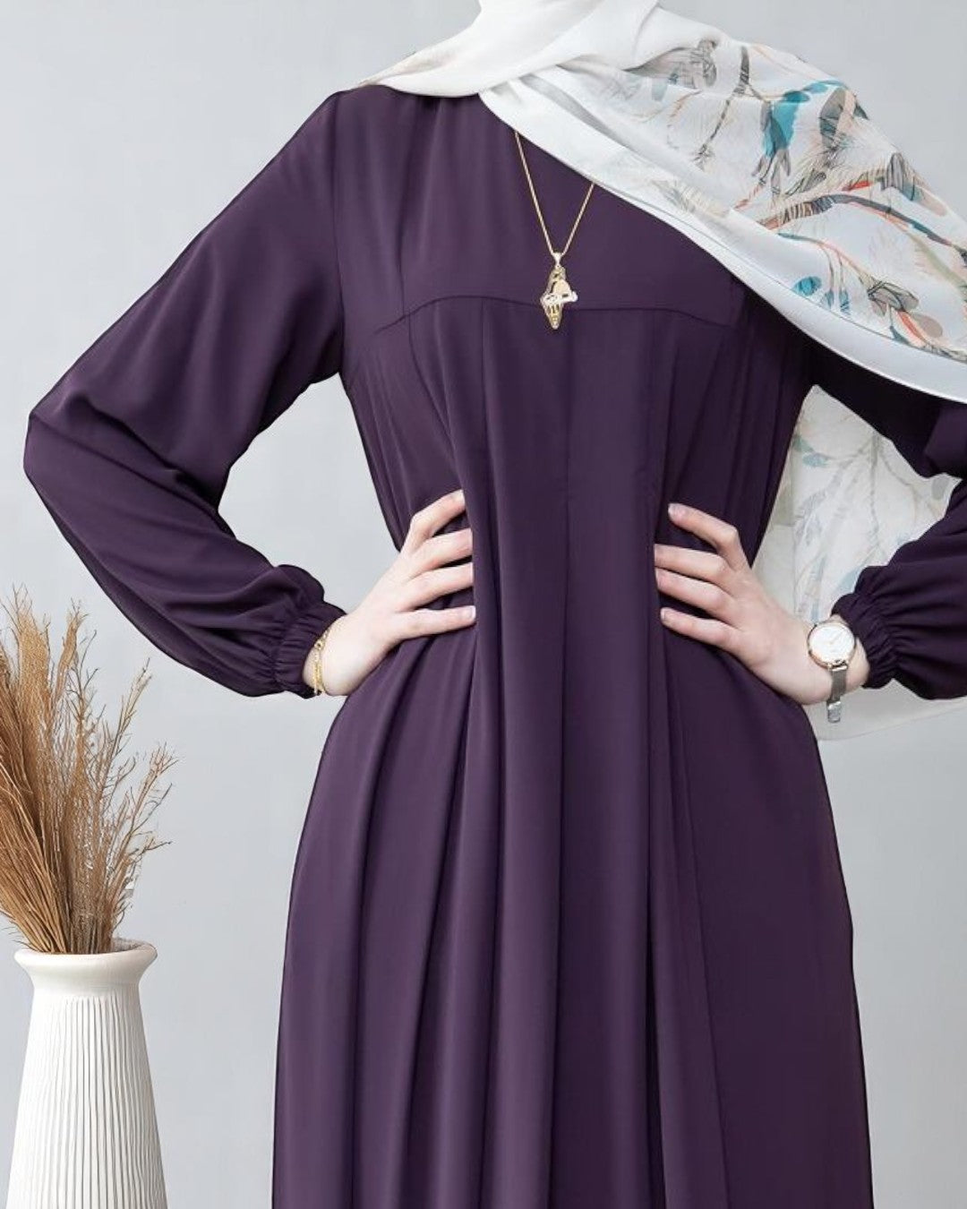 Simple & Elegant Firdaus Fabric Abaya with Pleats, Elasticated Cuffs, and Complimentary Hijab