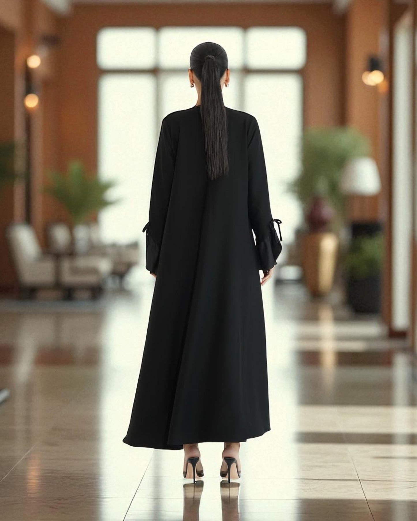 Elegant Flowing Black Abaya Online with Statement Flounce Cuff Sleeves