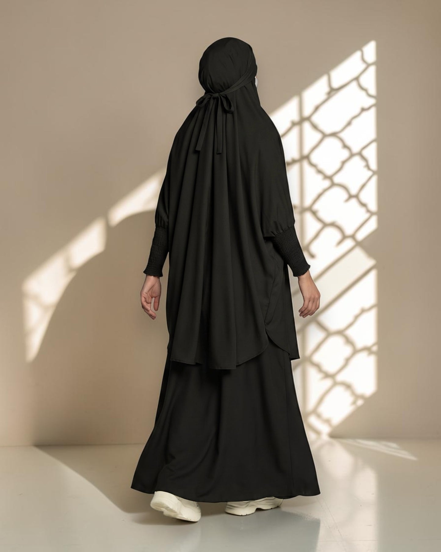 Elegant Two Piece Jilbab Set in Flow Crepe Fabric with Flared Skirt and Full Size Khimar