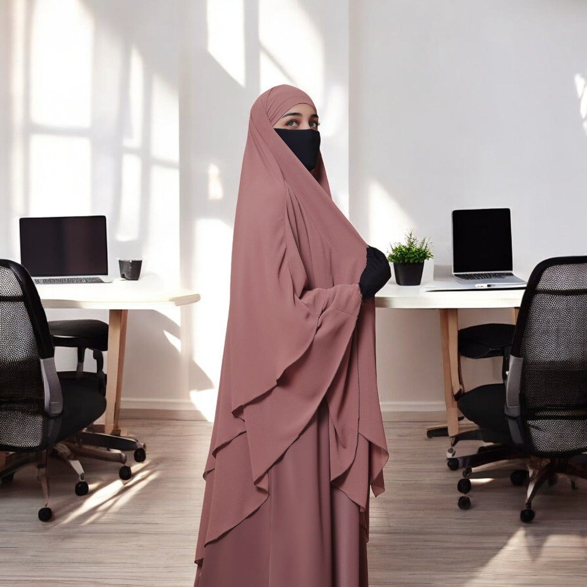 Bashariya Puce Pink Color Three-Layer Triangular Long Prayer Khimar Hijab with Attached Mouthpiece|Short Jilbab