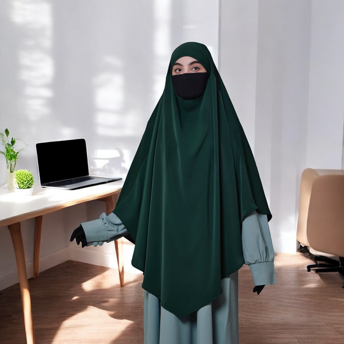Bashariya Green Color Two-Layer Triangle Prayer Khimar hijab with Attached Mouthpiece