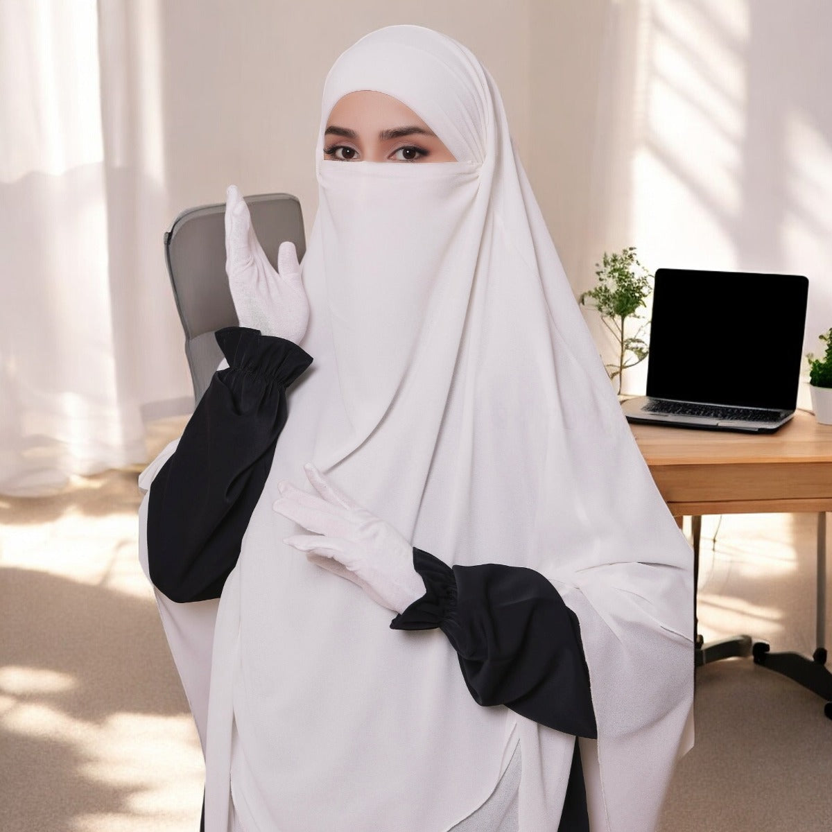 Bashariya White Color Three-Layer Triangular Long Prayer Khimar Hijab with Attached Mouthpiece