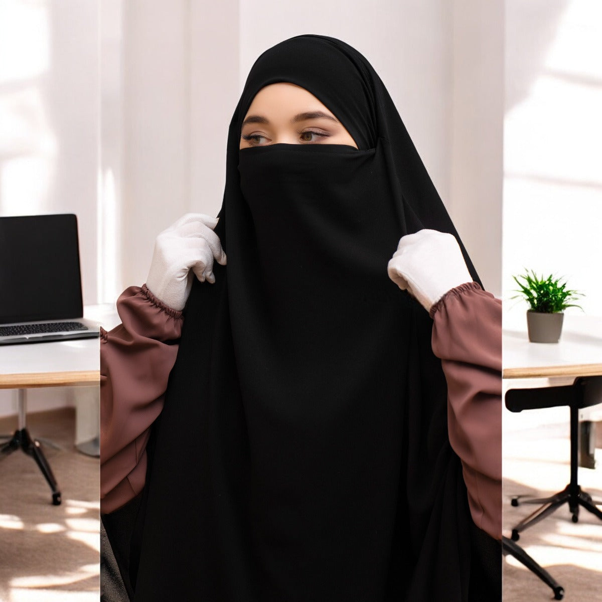 Bashariya Black Color Two-Layer Triangle Prayer Khimar Hijab with Attached Mouthpiece | Ready-to-Wear with Tie-Back Design in Soft Georgette Fabric