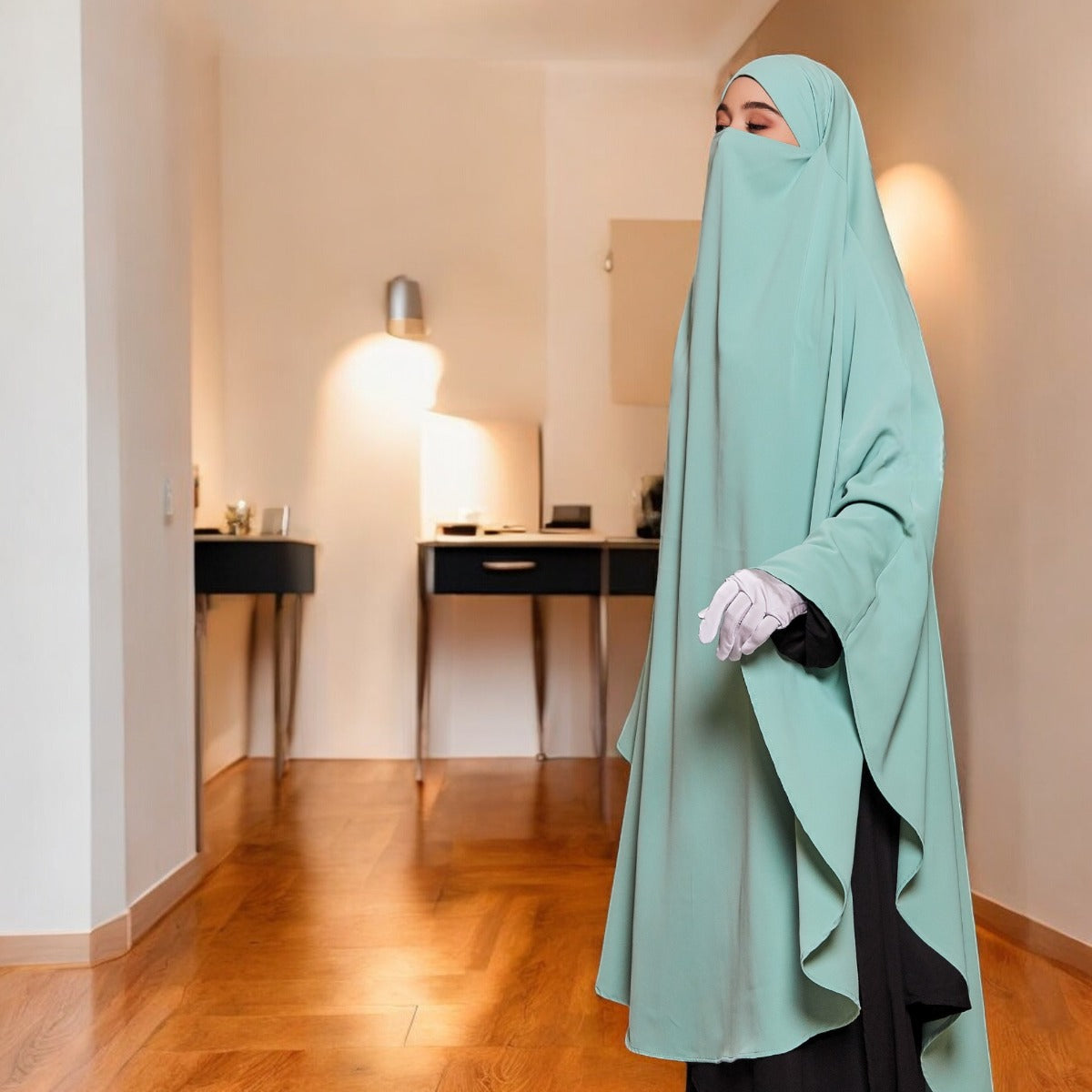 Bashariya Sky Blue Color Long Prayer Khimar hijab with Attached Mouthpiece