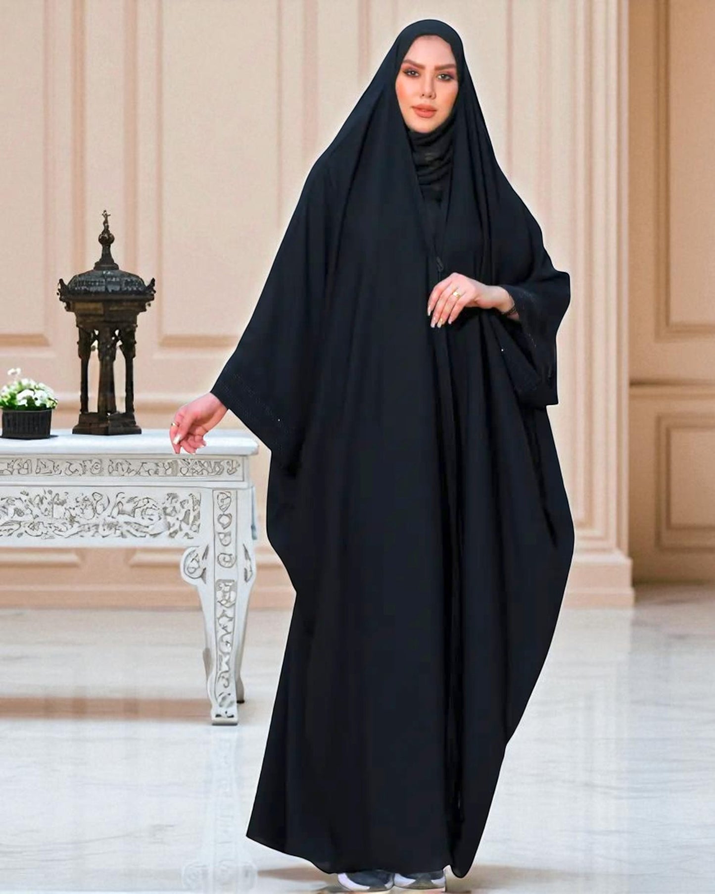Black Irani Chadar Abaya with Stonework Wide Sleeves Ð Firdaus Fabric