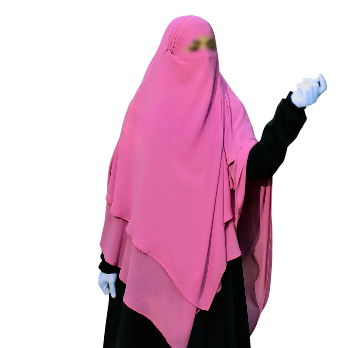 Bashariya Pink Color Two-Layer Triangle Prayer Khimar Hijab with Attached Mouthpiece | Ready-to-Wear with Tie-Back Design in Soft Georgette Fabric Wear with Tie-Back Design in Soft Georgette Fabric