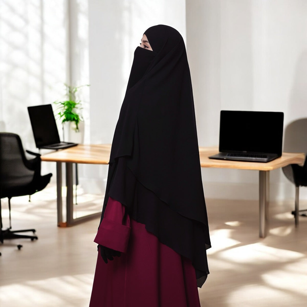 Bashariya Black Color Three-Layer Triangular Long Prayer Khimar Hijab with Attached Mouthpiece|Short Jilbab