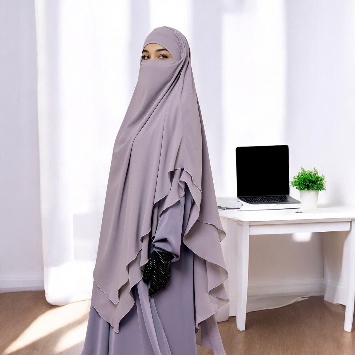 Bashariya Stone Grey Color Three-Layer Triangular Long Prayer Khimar Hijab with Attached Mouthpiece|Short Jilbab | Ready-to-Wear with Tie-Back Design in Georgette Fabric