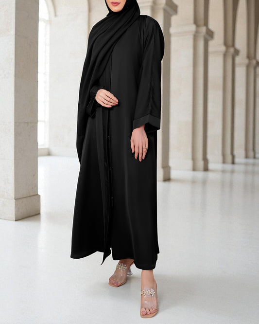 Front Open Burqa in Firdaus Fabric with Wide Sleeves & Minimal Button Closure