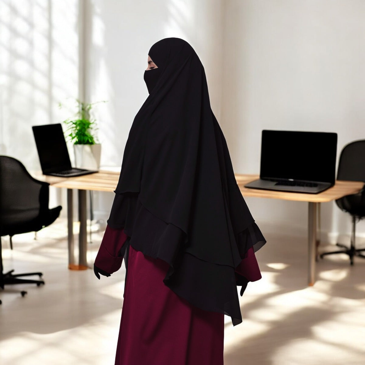 Bashariya Black Color Three-Layer Triangular Long Prayer Khimar Hijab with Attached Mouthpiece|Short Jilbab