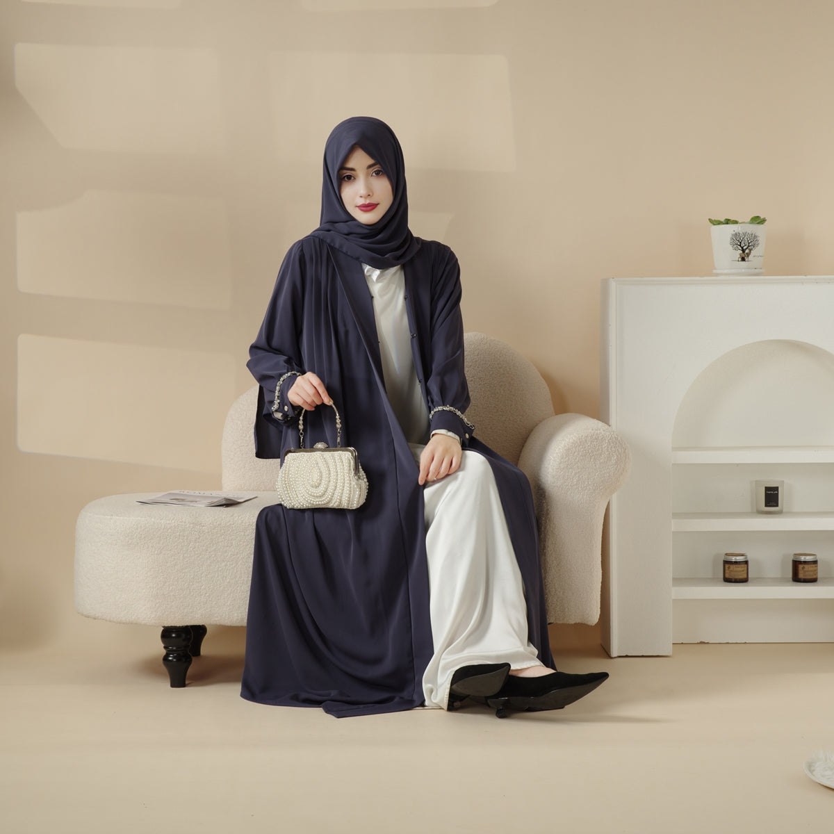 Luxurious Three-Piece Abaya Set with Designer Sleeves