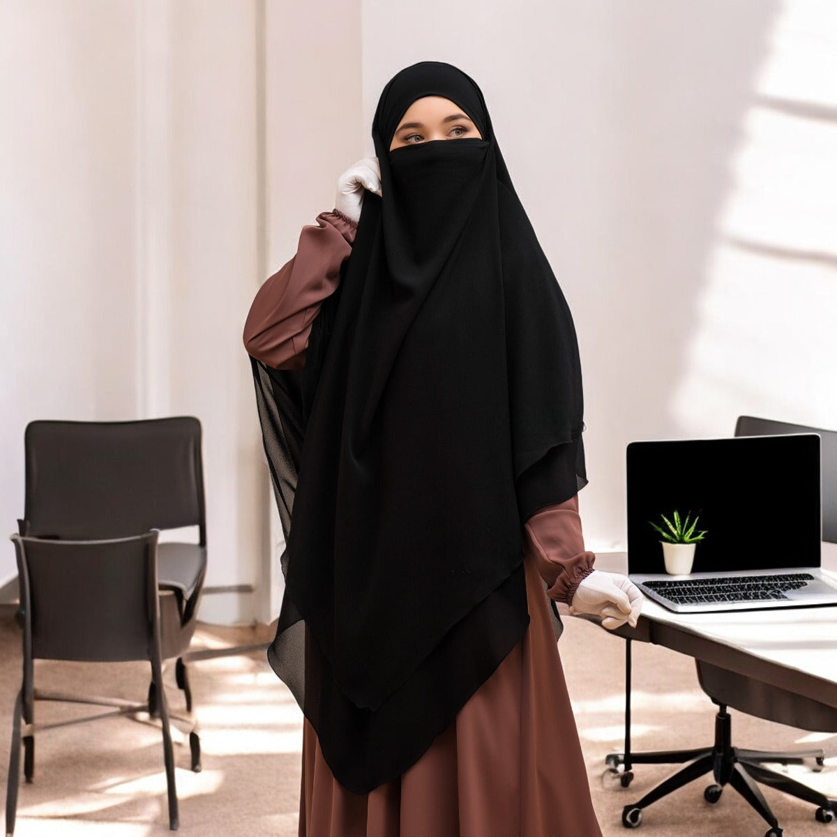 Bashariya Black Color Two-Layer Triangle Prayer Khimar Hijab with Attached Mouthpiece | Ready-to-Wear with Tie-Back Design in Soft Georgette Fabric