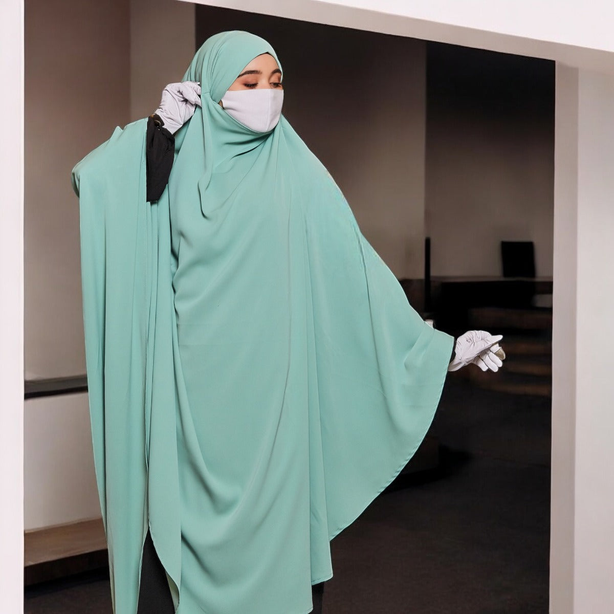 Bashariya Sky Blue Color Long Prayer Khimar hijab with Attached Mouthpiece