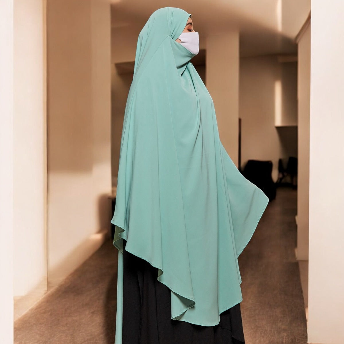 Bashariya Sky Blue Color Long Prayer Khimar hijab with Attached Mouthpiece