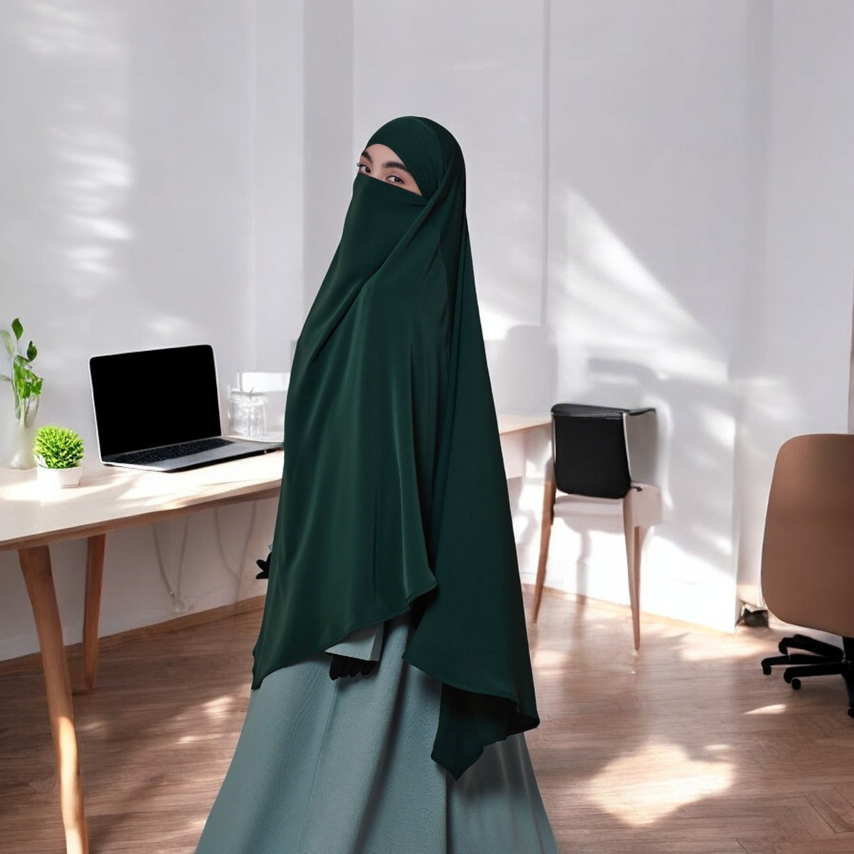 Bashariya Green Color Two-Layer Triangle Prayer Khimar hijab with Attached Mouthpiece