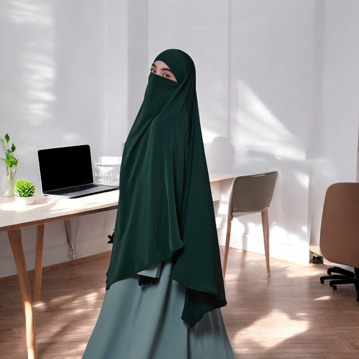 Bashariya Green Color Two-Layer Triangle Prayer Khimar hijab with Attached Mouthpiece