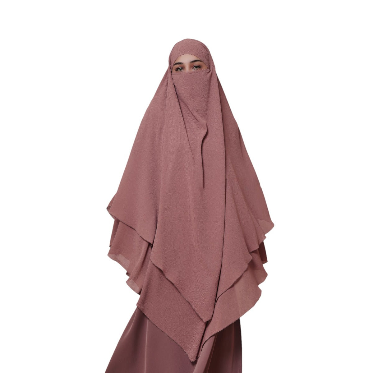 Bashariya Puce Pink Color Three-Layer Triangular Long Prayer Khimar Hijab with Attached Mouthpiece|Short Jilbab