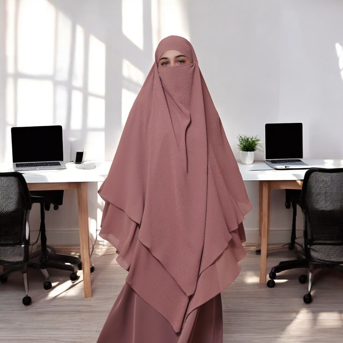 Bashariya Puce Pink Color Three-Layer Triangular Long Prayer Khimar Hijab with Attached Mouthpiece|Short Jilbab