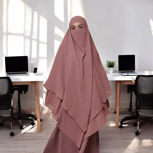 Bashariya Puce Pink Color Three-Layer Triangular Long Prayer Khimar Hijab with Attached Mouthpiece|Short Jilbab